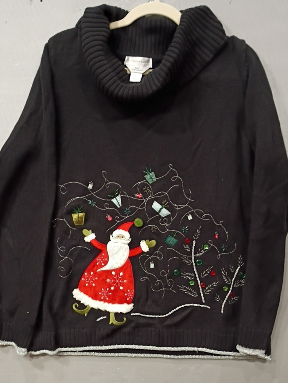 Christopher & Banks Black Christmas with Red Santa Gems Hand Embroidered